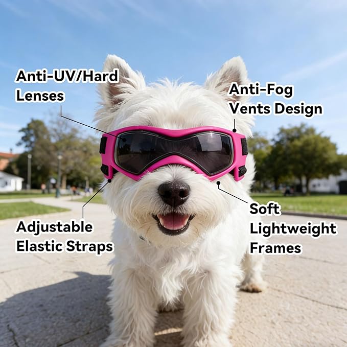 Dog Goggles Dog Sunglasses for Small Breed UV Protection Windproof with Adjustable Head Straps Chin Straps for Ride Car/Hiking Travel/On Beach-Pink
