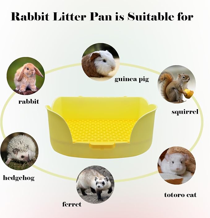PINVNBY Rabbit Cage Litter Box,Plastic Bunny Litter Pan Detachable Rabbits Corner Potty Training Bedding Boxes with Grate for Guinea Pig Chinchilla Hedgehog Ferret(Yellow)