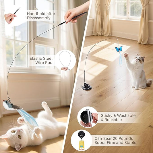 Interactive Bird Simulation Cat Toys，4 in 1 Cat Toys for Indoor Cats, 4 Replacement Birds，Hanging Door Kitten Wand with Suction Cup Removable Feathers Balls Mice Butterfly Streamers