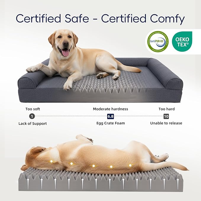 Sytopia 42 Inch Indestructible Orthopedic Sofa Dog Bed for Extra Large Dogs, Chew Proof Waterproof Foam Pet Couch Bed with Sides, Egg Crate Foam, Removable Washable Cover, Dark Grey