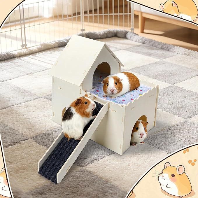 PETKNOWS Guinea Pig Hideout, Upgraded Guinea Pig Castle with Guinea Pig Ramp and Mats Large Guinea Pigs House for Playing Easy Assembly Wooden Guinea Pig Hideout for Small Animal Habitats