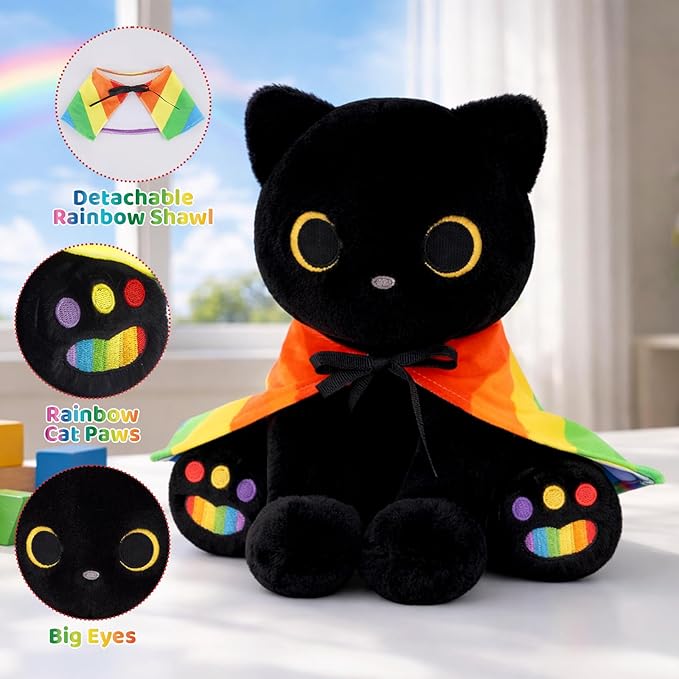 Black Cat Plush - 8" Cute Cat Stuffed Animal with Removable Rainbow Cape & Colorful Paws, Huggable Kawaii LGBTQ+ Gift for Friends, Lovers & Allies, Pride Month Decor