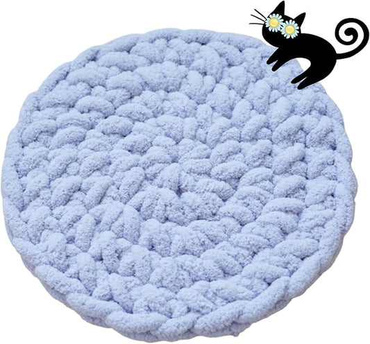 Cat Self-Warming Knitted Bed Mat, Extra-Soft Warm Round Washable Pads Cushions for Indoor Kittens & Kitty Small Pets Cat Trees (Blue,Small)
