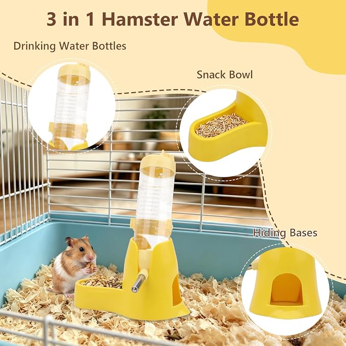 Litewoo 3 in 1 Hamster Water Bottle Small Animal Water Bottle with Food Container Base Hut Hanging Pet Automatic Feeding Drinking Dispenser for Dwarf Hamster Rats Mouse Gerbil Mice