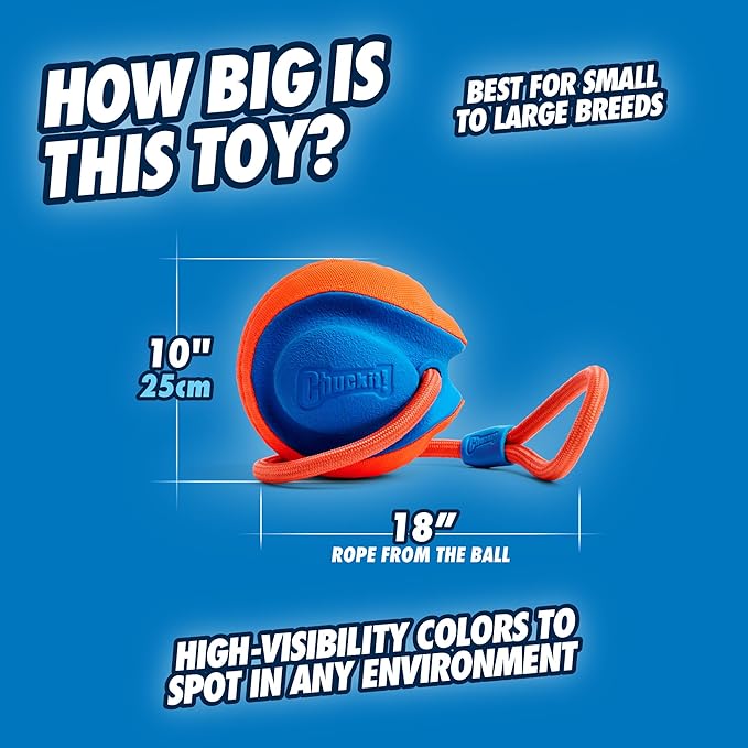 Chuckit! Rope Fetch Dog Toy - Ball on Rope Fetch and Tug-of-War Toy for Dogs - Durable EVA Rubber Construction - 5.5-inch Diameter - 18-inch Rope - Orange and Blue (Pack of 4)