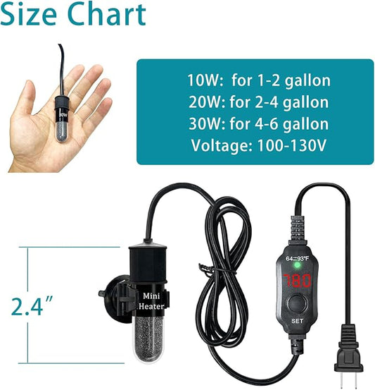 Mini Submersible Aquarium Heater, 25/50/100/150/200/300 Watts Adjustable Fish Tank Heater, Built-in Thermometer, External Temperature Controller, Smart Memory, Used for 1-60 Gallons (20W Plug)