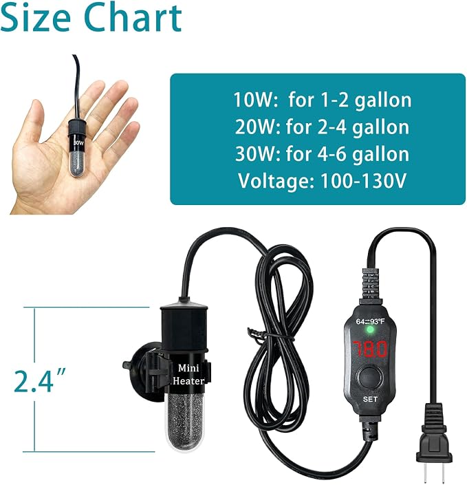 Mini Submersible Aquarium Heater, 10/20/25/50/100/150 Watts Adjustable Fish Tank Heater, Built-in Thermometer, External Temperature Controller, Smart Memory, Used for 1-60 Gallons (10W Plug)