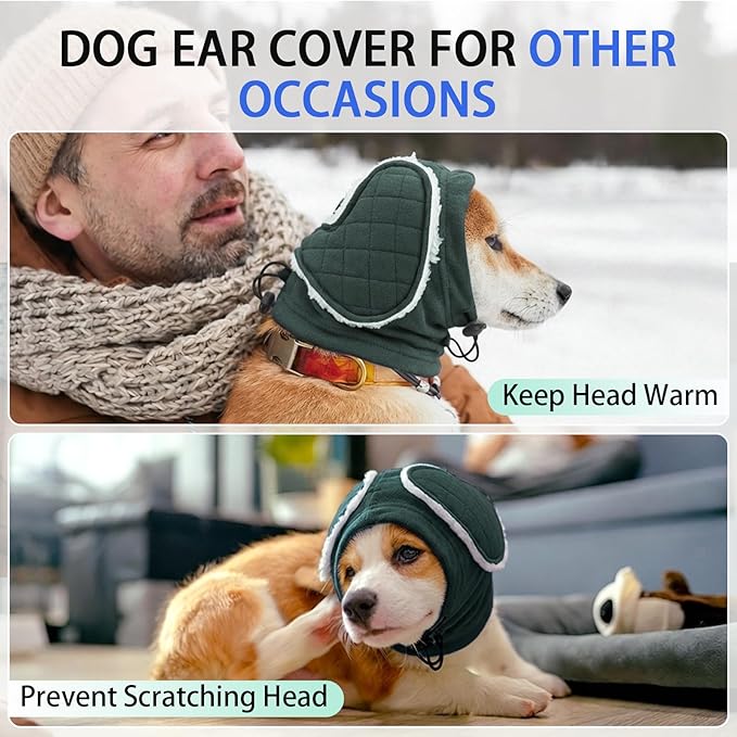 MIGOHI Soft Dog Ear Muffs Noise Protection,Ear Covers for Dogs,Dog No Flap Ear Wrap for Hematoma,Calming Hoodie Quiet Ears Head Warps for Medium Large Dogs Grooming,Bathing,Thunder,Firework,XL,Green