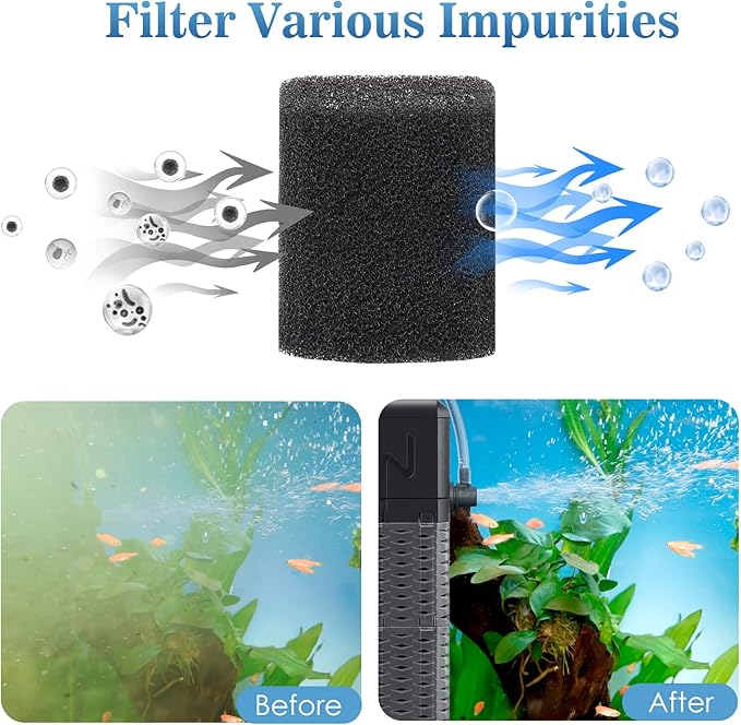 AQQA Aquarium Filter, Submersible Power Fish Tank Filter with Rainwater Aerator System Adjustable Water Flow Design, Ultra Silent Biochemical Sponge Filtration Up to Fish Tank 70 Gallon (9W-211GPH)