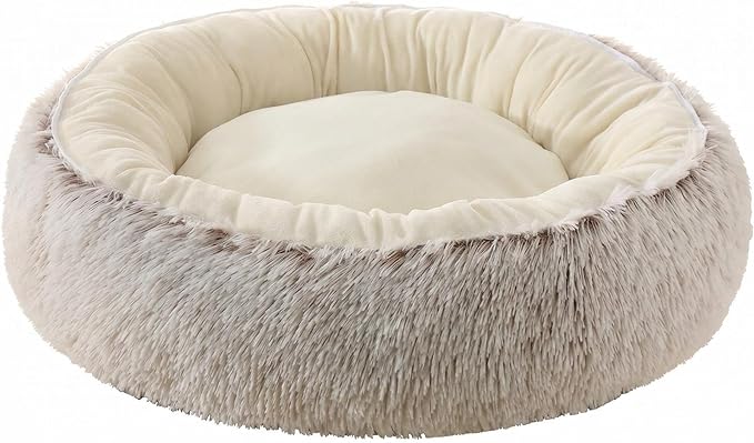 Calming Donut Dog Bed Cat Bed, Fluffy Long Fur Outer & Short Fur Inner, Sweat-Free Cozy Cuddler, Non-Slip Bottom,for Small Medium Dogs Cats Puppy Kitten (Donut Bed - Coffee Color, Medium 19.7 Inches)