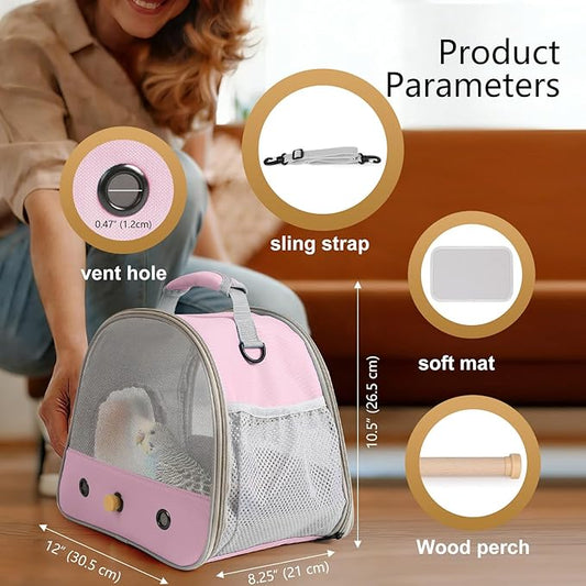Bird Carrier, Portable Small Bird Parrot Parakeet Carrier with Standing Perch and Stainless Steel Tray, Side Access Window Collapsible