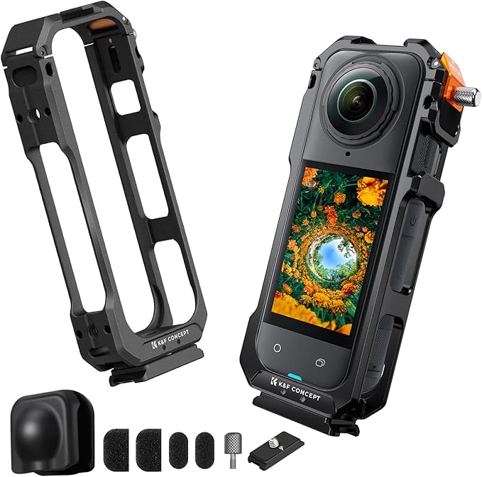 K&F CONCEPT Camera Cage for Insta360 X5, Aluminum Alloy Protective Case with Silicone Lens Cover, Frame with 2 Cold Shoe Mounts for Microphone and Led Video Light, Built-in 1/4" Screw Hole