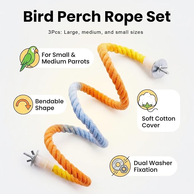 Colorful Flexible Bird Rope Perch for Small & Medium Parrots - Bendable Cotton Rope Parrot Perch Set, 3-Size Perches for Cage, Parakeet, Cockatiel, Lovebird Bird Accessories