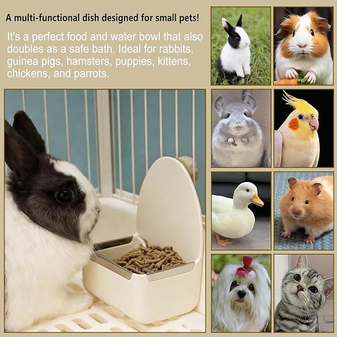 kathson Food and Water Bowl Cage Feeder for Rabbits Dish Feeder Removable Hanging Spill Proof Anti Bite for Rabbit, Guinea Pig, Chinchilla, Hamster, Ferret (Beige)