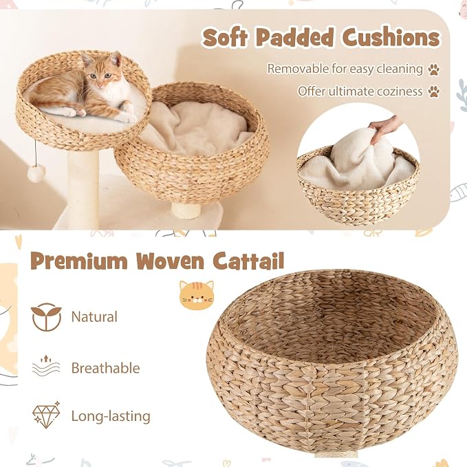 Tangkula Modern Cat Tree, Tall Cat Tower with Natural Sisal Scratching Post, Hand-Made Wicker Cat Condo & Top Perch, Funny Hanging Toy Ball, Cute Cat Tree Tower for Indoor Cats
