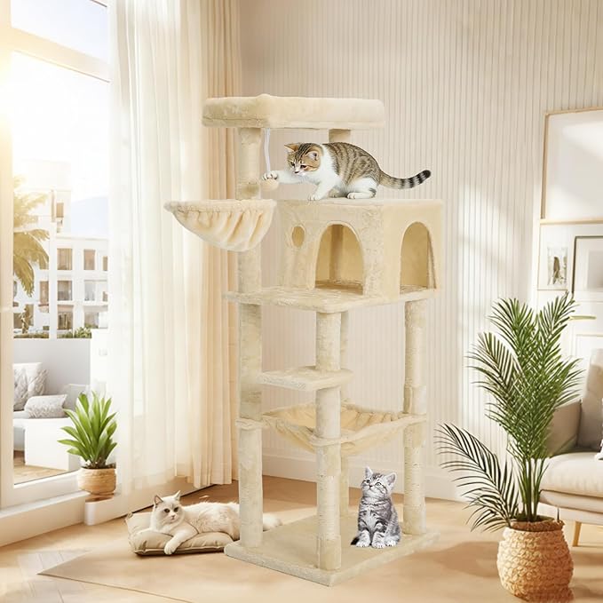 56.2 Inch Cat Tree Condo, Multi-Level Tower with Sisal Scratching Post, Cat House, Plush Toy & Indoor Play Gym (Beige)