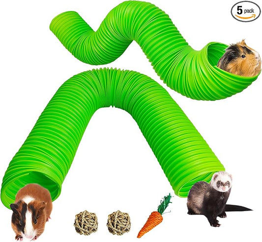 Hamiledyi 2 Pack Hamster Fun Tunnels, Guinea Pigs Plastic Tube, Hamsters Foldable Exercising Training Hideout Tunnel & 2 Pack Grass Balls, Small Animals Toys for Chinchillas Gerbils Ferrets(Green)