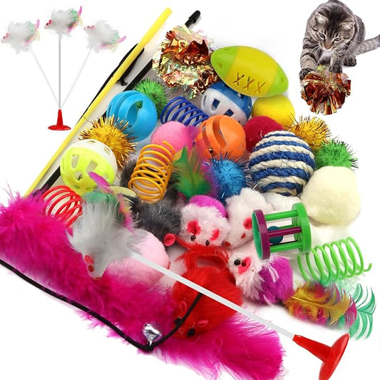 QUOZUO 32 Packs Cat Toys Variety Pack for cat, Cat Balls with Bells, Cat Feather Toy, Cat Mouse Toys, Cat Crinkle Balls, Catnip Toys for Indoor Cats Kittens, Kitten Toys Assortments