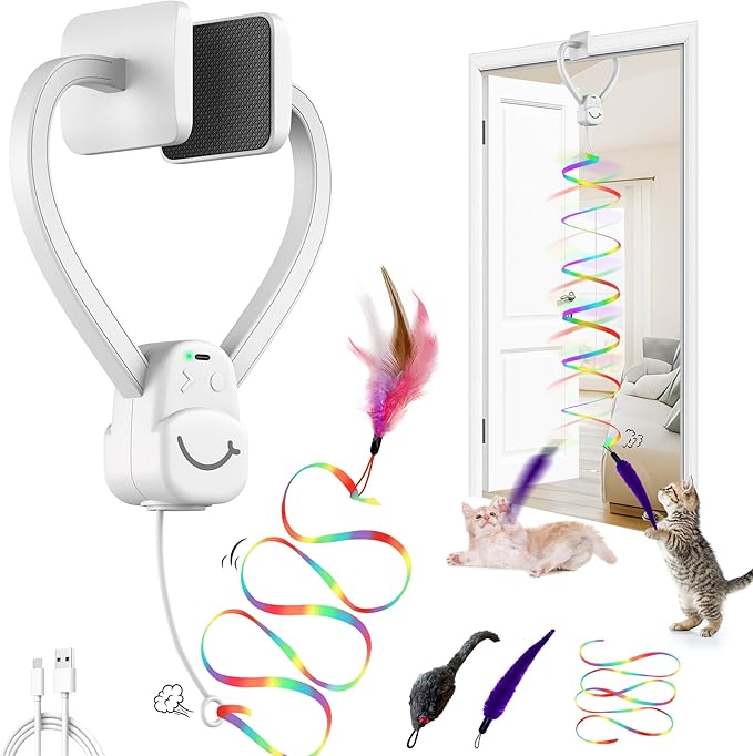 Interactive Cat Toys for Indoor Cats, Automatic Hanging Cat Toys Door Frame & Doorway, with Feather Mouse String Wand Cat Enrichment Toys, Safe Self Play for Bored Multi Cats Households