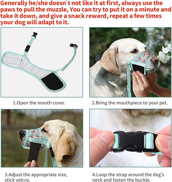 HEELE Dog Muzzle,Soft Nylon Muzzle Anti Biting Barking Chewing,Air Mesh Breathable Drinkable Adjustable Loop Pets Muzzle for Small Medium Large Dogs 4 Colors 4 Sizes (P-Cyan Flower, S)