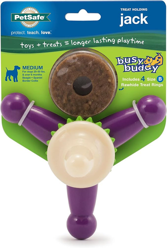 PetSafe Busy Buddy Jack - Treat Holding Dog Chew Toys - Helps Clean Teeth - Vanilla Scented Rubber for Strong Chewers - Treat Refills Included, Interactive Dog Toy Helps Keep Dogs Busy, Purple, Medium