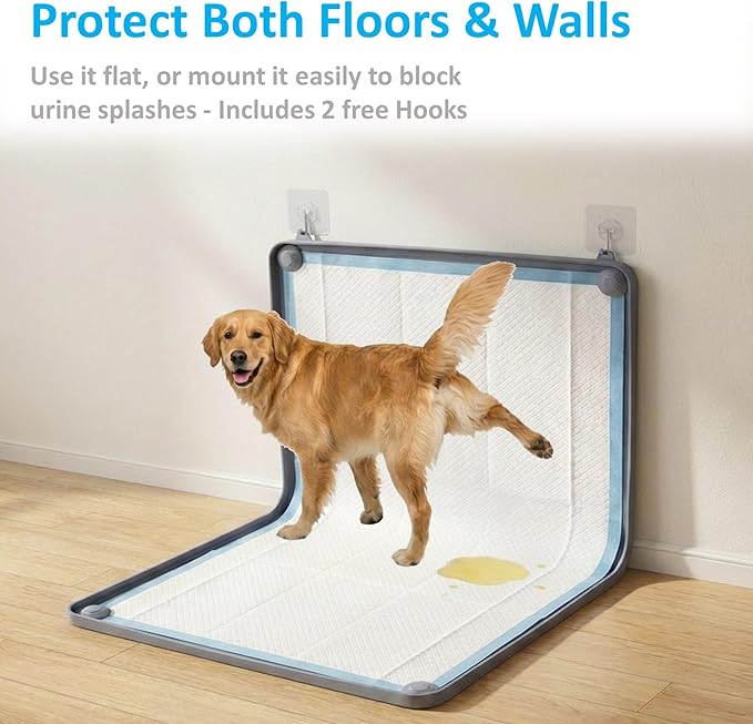 2-in-1 Silicone Dog Pee Pad Holder Tray, 24”x35” Large - Non-Slip Potty Training Tray for Medium & Large Dogs with Corner Snaps, Raised Edges - Wall-Mountable Indoor Dog Toilet & Splash Guard