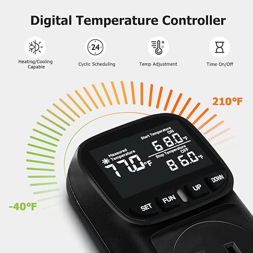 Reptile Thermostat Temperature Controller, Digital Timer Outlet for Greenhouse, Reptile Tank, Heat Pad, Seedlings, Fermentation, Brewing, Cyclic Timing/Countdown, 15A/1800W, VA Display