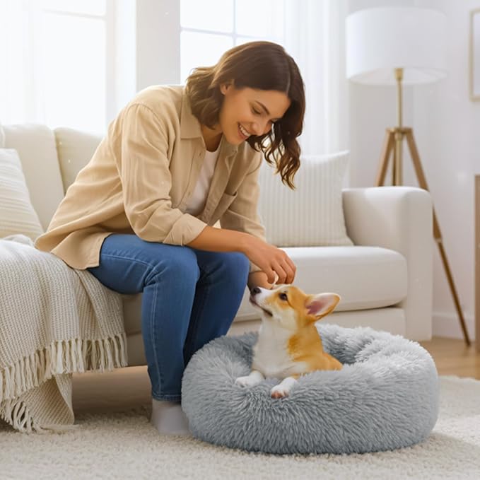 Calming Large Donut Dog and Cat Bed, Anti-Anxiety Round Soft Fluffy Plush Faux Fur Washable Anti-Slip Pet Bed for Medium Dogs Up to 35 lbs 28in Gray