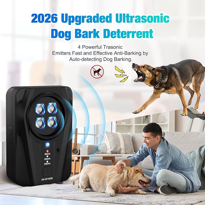 Dog Bark Deterrent Devices, Automatic Anti Barking Device with 4 Ultrasonic Transmitters Long Range 50FT, 3 Mode Rechargble Barking Control Devices, Effective Stop Bark Box Outdoor & Indoor