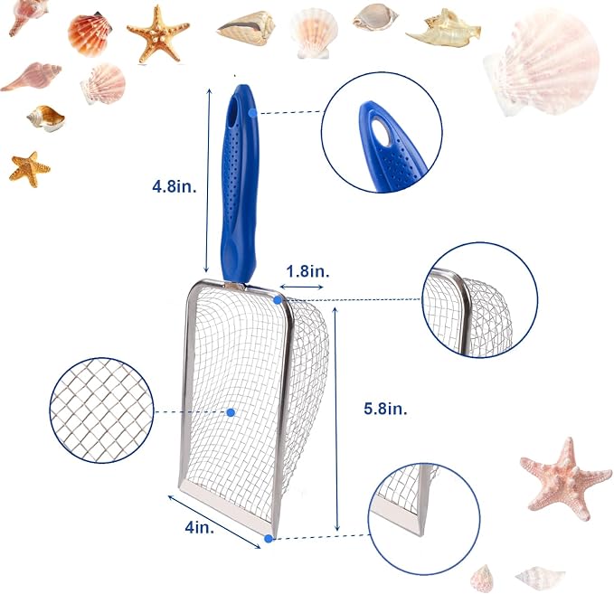 MUYIZI Beach Mesh Shovel with Mesh Beach Bag for Shell Collecting, Kids Sand Sifter for The Beaches,Shell Scooper for Beaches,Shark Tooth Sifter Dipper,Sea Shell Bags for Kids (Sapphire Blue+Black)