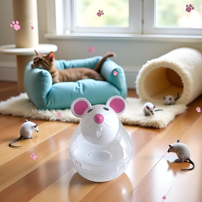 White Interactive Toys for Cats, Cat Food Balls Slow Feeder Mice Shaped Tumbler, Pet Kitten Mouse Shape, Food Storage Dispenser, Feeder, for Indoor and Kitten Exercise