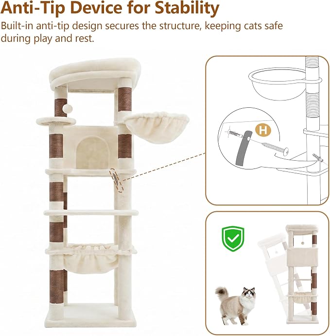 Heybly Cat Tree, 53.1-Inch Corner Stable Cat Tower for Large Indoor Cats, Well-Structured Interactive Cat Condo with Fan-Shaped Top Perch, Cozy Condo, Sturdy Base, Basket & Hammock, Beige HCT029MJ