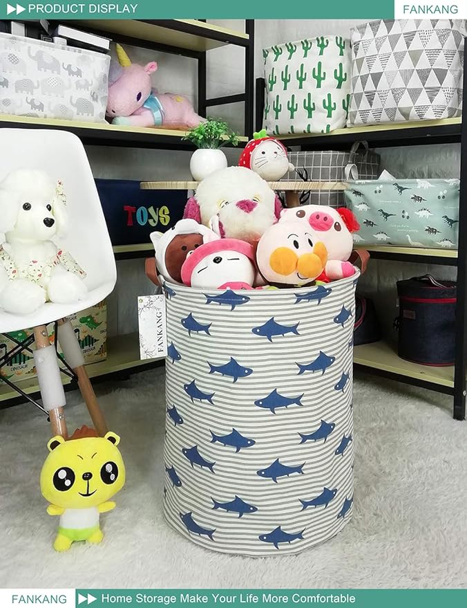 Storage Basket, Nursery Hamper Canvas Laundry Basket Foldable with Waterproof PE Coating Large Storage Baskets for Kids Boys and Girls, Office, Bedroom, Clothes,Toys（Shark）