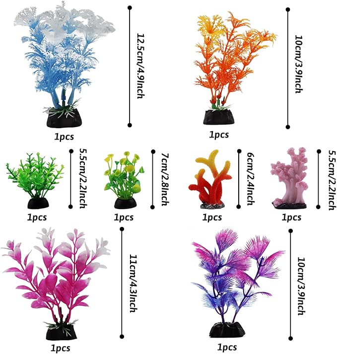 QUOZUO Fish Tank Decorations Plants with Resin Coral, 8 pcs Aquarium Decorations Small Plants Plastic, Fish Tank Accessories Aquarium Decor