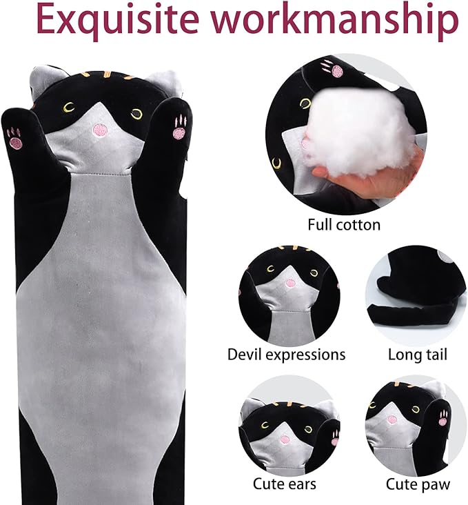 shangman Lovely Plush Cat Doll Cute Cartoon Soft Stuffed Kitten Pillow Long Throw Sleeping Pillow Doll Toy Valentines Day Gift for Kids Girlfriend (Black, 90cm/35.4in)