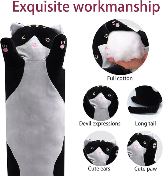 shangman Lovely Plush Cat Doll - Cute Cartoon Soft Stuffed Kitten Pillow, Long Throw Sleeping Pillow, Valentine’s Day Gift for Kids & Girlfriend (Black, 50cm/19.6in)
