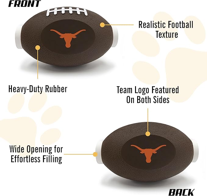 Pets First NCAA Texas Longhorns Football Treat Dispensing Toy for Dogs and Cats, Rubber Ball Pet Toy, Interactive Fun Doggie Treat Toy, Natural Rubber Feeding Toy (TX-3622)