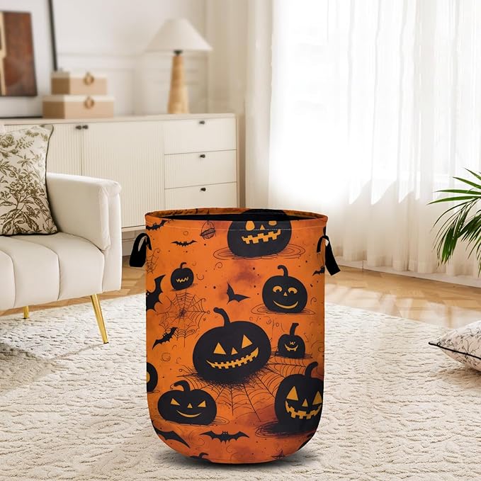 Spooky Pumpkin Laundry Basket, Halloween Laundry Hamper Collapsible Oxford Cloth with Handle Clothes Storage Bin for Bathroom Laundry Room Bedroom 15.7 X 20 Inch