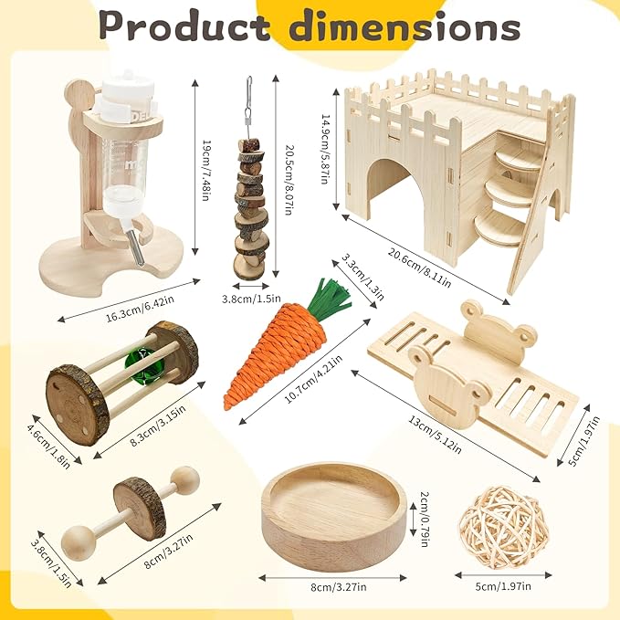 Hamster Cage Accessories, Hamster Toys, Wooden Maze House, Water Bottle with Stand, Feeding Bowl, Suitable for Hamsters, Mice and Other Small Animals Habitats
