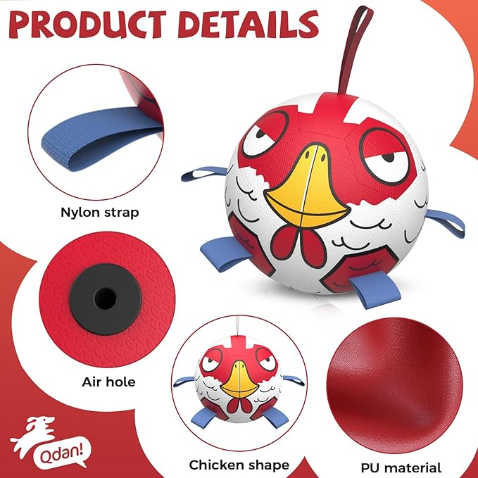 QDAN Dog Balls Toys, Dog Soccer Ball Toy Soccer Balls with with Straps, Dog Gifts Toys, Pet Puppy Birthday Valentines Gifts for Small Medium Dogs, 6 Inch, Chicken Ball