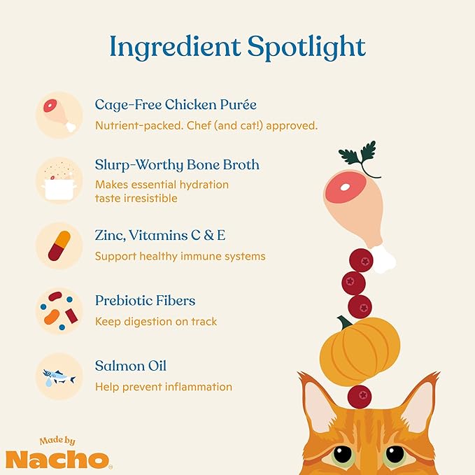 Made by Nacho Immune Support Cage-Free Chicken Puree, Meal Topper for Cat Food with Bone Broth, Add Immune System Support to Pet Kibble, Limited Ingredients, 1.4 oz. Each, 18 Count