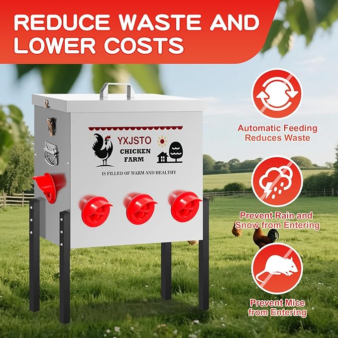 50LB Automatic Chicken Feeder with 8 Ports, Heavy Duty Metal No-Waste Poultry Feeder, Rustproof & Weatherproof Design with Adjustable Legs & Locking Lid