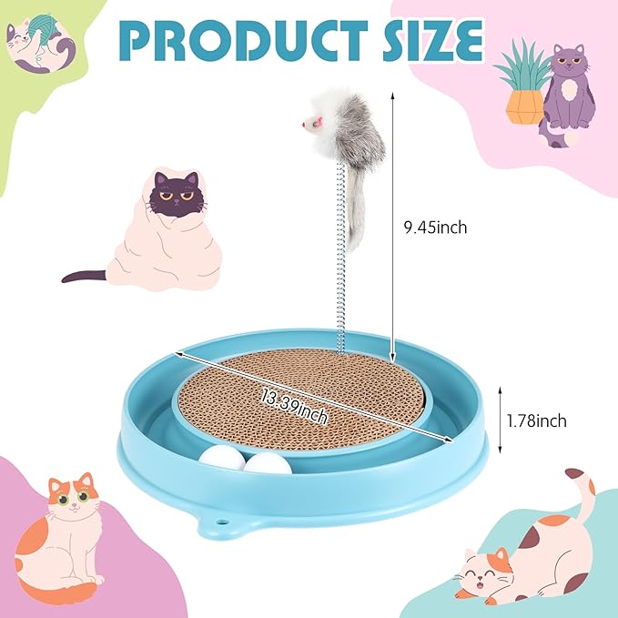 AceOrbit 3 Pcs Cat Ball Track Toy, Include 1 Round Cat Scratcher Toy with 2 Cats Scratching Board Pad Replacement, Interactive Toys Track and Plush Mouse Toys for Indoor Cats Kitten
