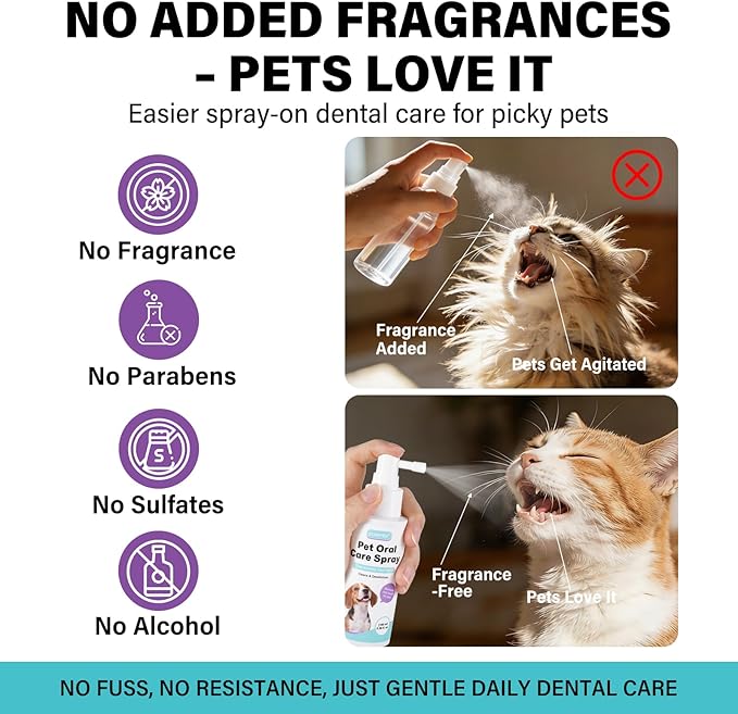 Pet Dental Spray for Dogs & Cats - Fragrance-Free Triple Enzyme & Probiotics Oral Care Mist, Dog Teeth Cleaning, Bad Breath & Tartar Plaque Support, Dental Water Additive for Pet Supplies, 3.38 oz
