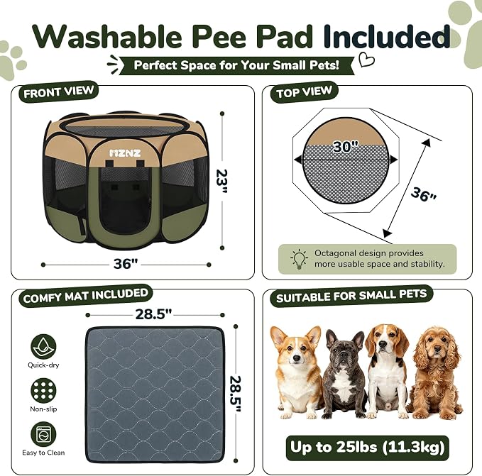Dog Cat Playpen with Pee Pad, Portable Puppy Pet Crate Indoors for Small/Medium Dogs Cats Rabbits, Foldable Dog Cage Enclosure for Outdoor, Pop Up Dogs Tent Kennel with Carrying Case, Olive Green