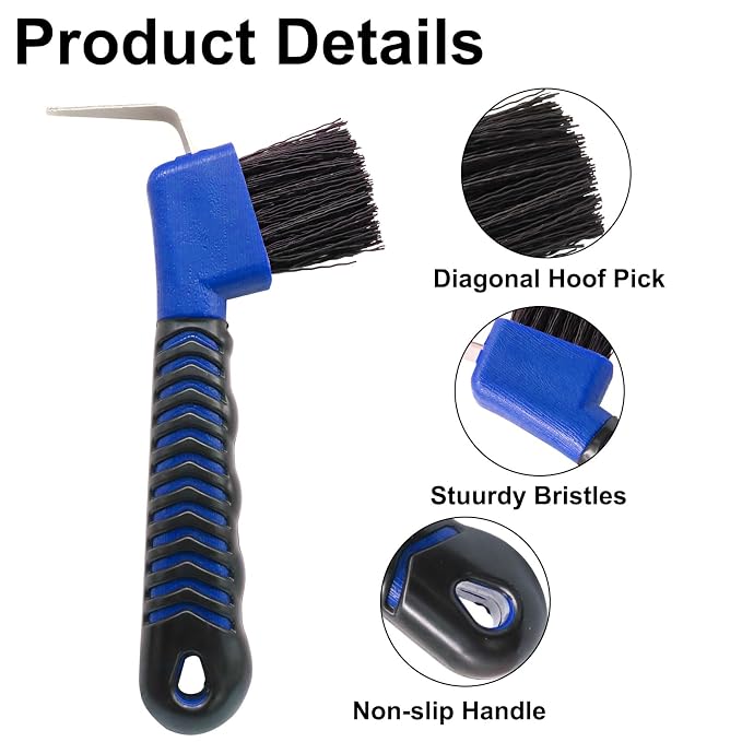 Hoof Pick Brushes, Soft Touch Rubber Handle Portable Hoofpick, Stiff Hoof Pick for Horse Care, Groomers (Blue)