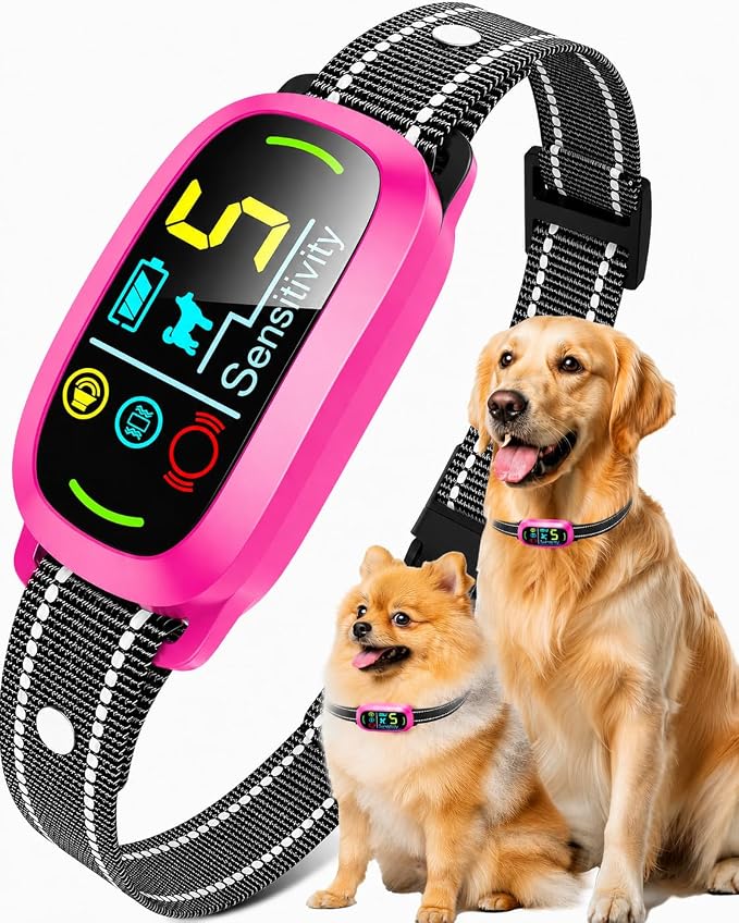 Smart AI Bark Collar for Large Medium Small Dogs, Anti Barking Device with 5 Work Modes, Exclusive Forced Bark-Stopping, Rechargeable IP67 Waterproof Bark Collar with 5 Sensitivity (Hot Pink)