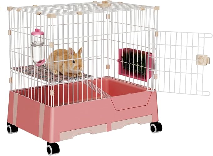 STILLCOVE 2-Tier Rabbit Cage: Small Animal Pets Enclosure with Water Bottle | Hay Feeder, Liner, Dustpan & Brush Set, Guinea Pig Hamster Bunny Hutch, Small Pet Habitat for Ferret Chinchilla Rodent Indoor