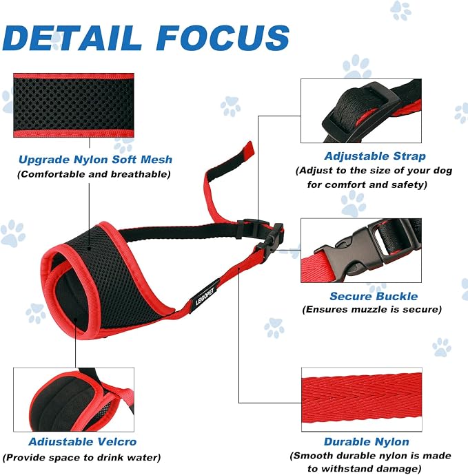 Dog Muzzle, Soft Mesh Nylon Design with Adjustable Neck Strap, Allows Panting and Drinking, for Grooming, Walks, and Scavenging Prevention - Red, Medium