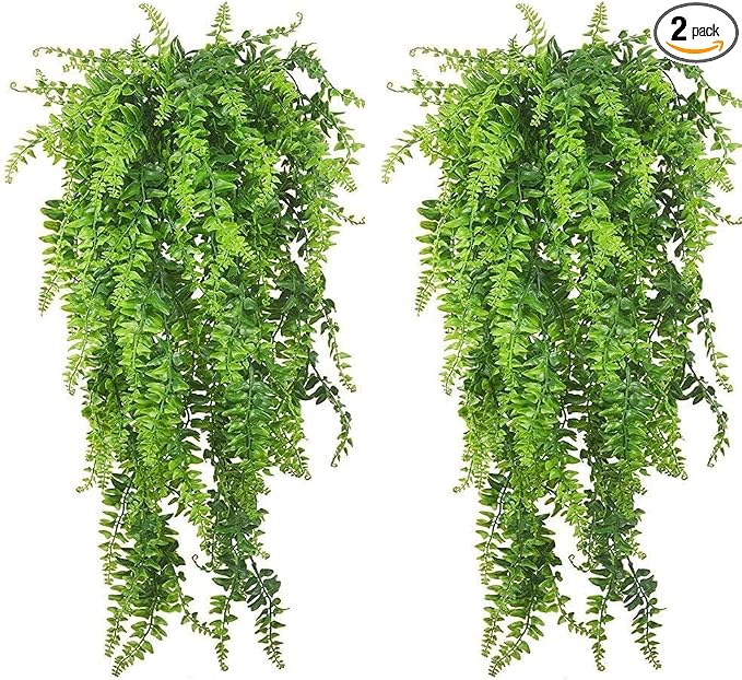 PINVNBY Reptile Plants Hanging Fake Vines Boston Climbing Terrarium Plant with Suction Cup for Bearded Dragons Lizards Crested Gecko Snake Hermit Crab and Tank Habitat Decorations (2 Pack)